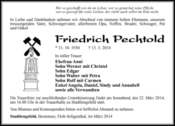 Traueranzeige von Friedrich Pechtold von Südthüringer Presse