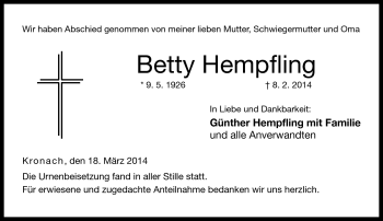 Traueranzeige von Betty Hempflin von Neue Presse Coburg