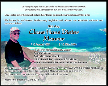 Traueranzeige von Claus Hans-Dieter Maurer von Südthüringer Presse