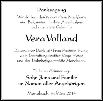 Traueranzeige von Vera Volland von Südthüringer Presse