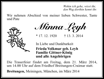 Traueranzeige von Minna Leyh von Südthüringer Presse