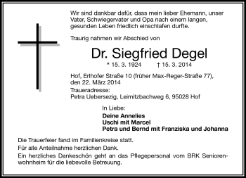 Traueranzeige von Siegfried Degel von Frankenpost