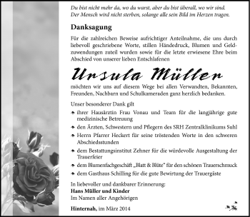 Traueranzeige von Ursula Müller von Südthüringer Presse