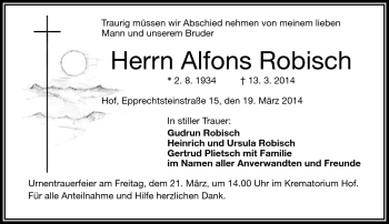 Traueranzeige von Alfons Robisch von Frankenpost