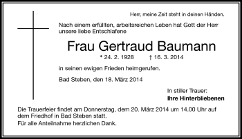 Traueranzeige von Gertraud Baumann von Frankenpost