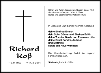 Traueranzeige von Richard Roß von Südthüringer Presse
