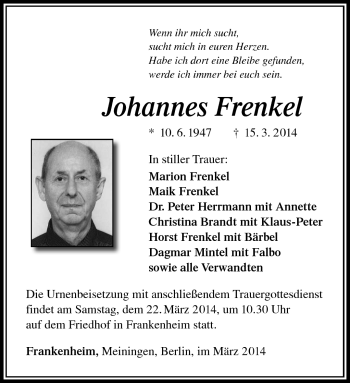 Traueranzeige von Johannes Frenkel von Südthüringer Presse