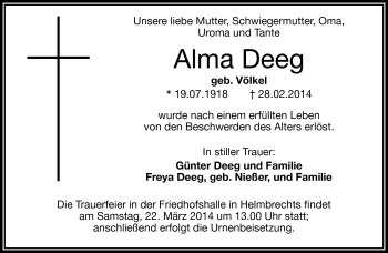 Traueranzeige von Alma Deeg von Frankenpost