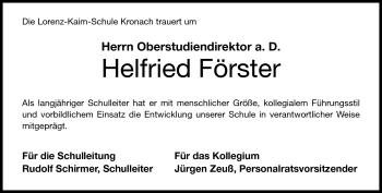 Traueranzeige von Helfried Förster von Neue Presse Coburg