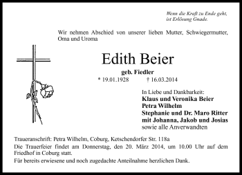 Traueranzeige von Edith Beier von Neue Presse Coburg