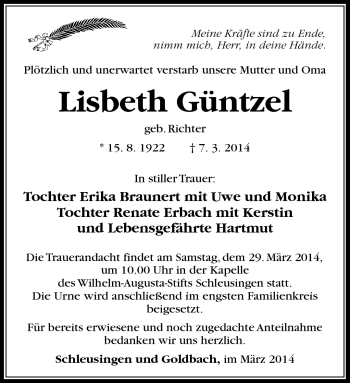 Traueranzeige von Lisbeth Güntzel von Südthüringer Presse
