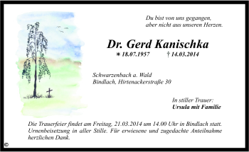 Traueranzeige von Kanischka Gerd von Frankenpost