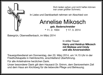 Traueranzeige von Anneliese Mikosch von Frankenpost
