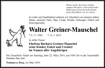 Traueranzeige von Walter Greiner-mauschel von Südthüringer Presse