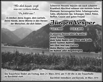 Traueranzeige von Jürgen Vesper von Südthüringer Presse