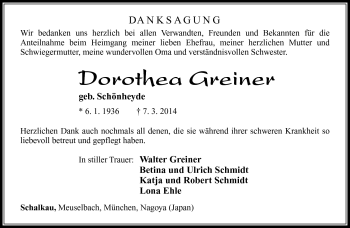 Traueranzeige von Dorothea Greiner von Südthüringer Presse