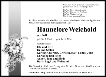 Traueranzeige von Hannelore Weichold von Südthüringer Presse