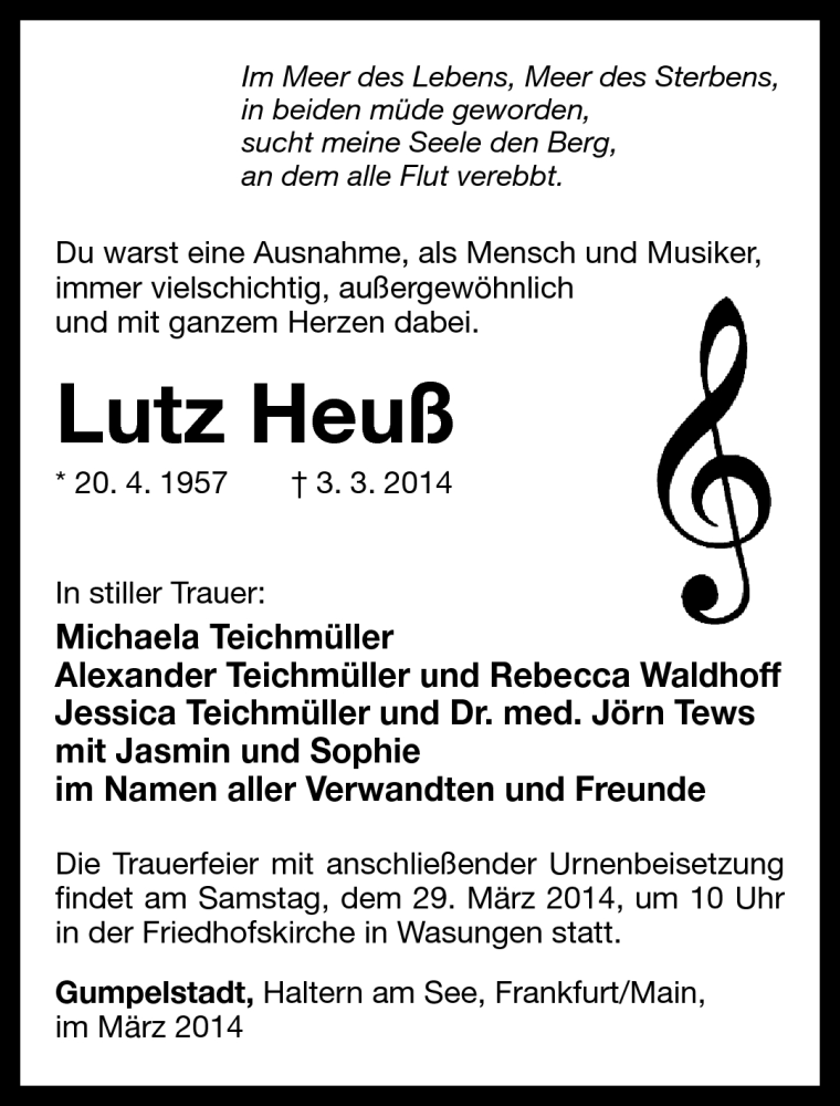  Traueranzeige für Lutz Heuß vom 22.03.2014 aus Südthüringer Presse
