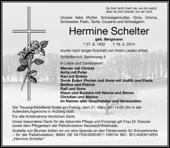 Traueranzeige von Hermine Schelter von Frankenpost