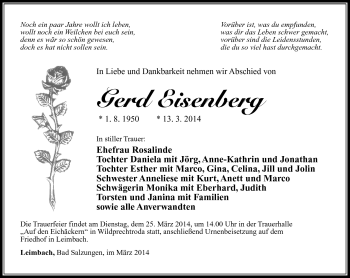 Traueranzeige von Gerd Eisenberg von Südthüringer Presse