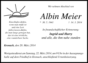 Traueranzeige von Albin Meier von Neue Presse Coburg