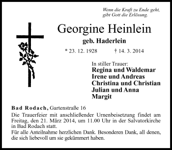 Traueranzeige von Georgine Heinlein von Neue Presse Coburg
