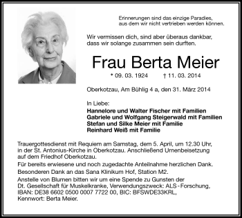 Traueranzeige von Berta Meier von Frankenpost