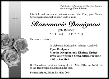 Traueranzeige von Rosemarie Davignon von Südthüringer Presse