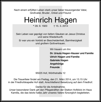 Traueranzeige von Heinrich Hagen von Frankenpost