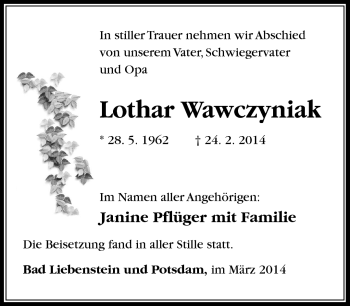 Traueranzeige von Lothar Wawczyniak von Südthüringer Presse