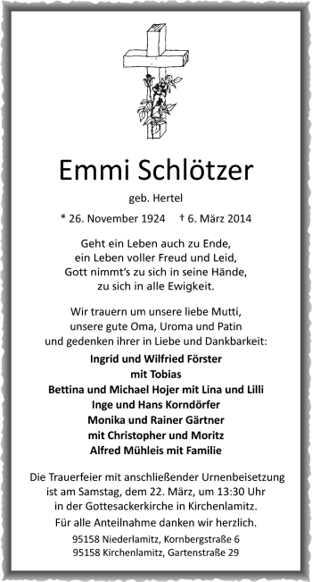 Traueranzeige von Emmi Schlötzer von Frankenpost