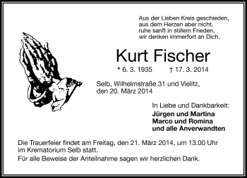 Traueranzeige von Kurt Fischer von Frankenpost