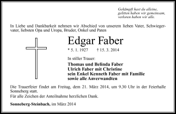 Traueranzeige von Edgar Faber von Südthüringer Presse