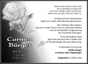 Traueranzeige von Carmen Bürger von Südthüringer Presse