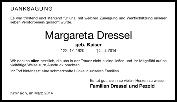 Traueranzeige von Margareta Dressel von Neue Presse Coburg