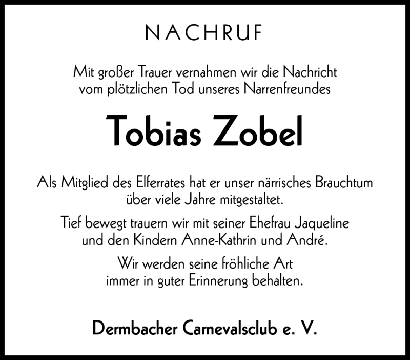  Traueranzeige für Tobias Zobel vom 19.03.2014 aus Südthüringer Presse