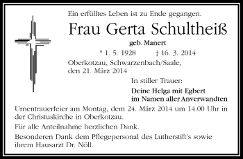Traueranzeige von Gerta Schultheiß von Frankenpost