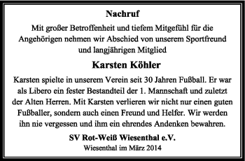 Traueranzeige von Karsten Köhler von Südthüringer Presse