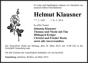 Traueranzeige von Helmut Klausner von Südthüringer Presse