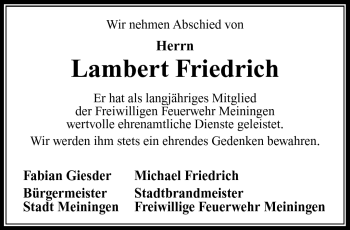 Traueranzeige von Lambert Friedrich von Südthüringer Presse