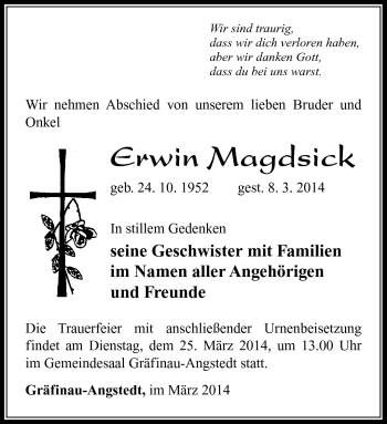 Traueranzeige von Erwin Magdsick von Südthüringer Presse