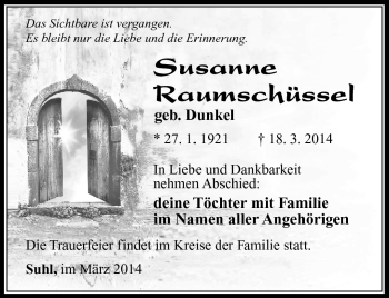 Traueranzeige von Susanne Raumschüssel von Südthüringer Presse