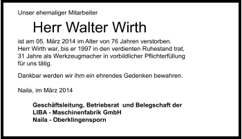 Traueranzeige von Walter Wirth von Frankenpost
