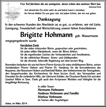 Traueranzeige von Brigitte Hohmann von Südthüringer Presse