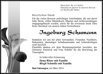 Traueranzeige von Ingeburg Schumann von Südthüringer Presse