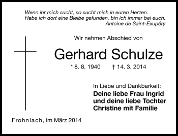Traueranzeige von Gerhard Schulze von Neue Presse Coburg