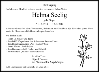 Traueranzeige von Helma Seelig von Südthüringer Presse
