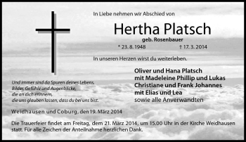 Traueranzeige von Hertha Platsch von Neue Presse Coburg