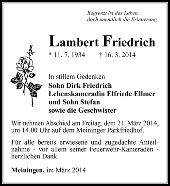 Traueranzeige von Lambert Friedrich von Südthüringer Presse
