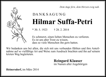 Traueranzeige von Hilmar Suffa-Petri von Südthüringer Presse